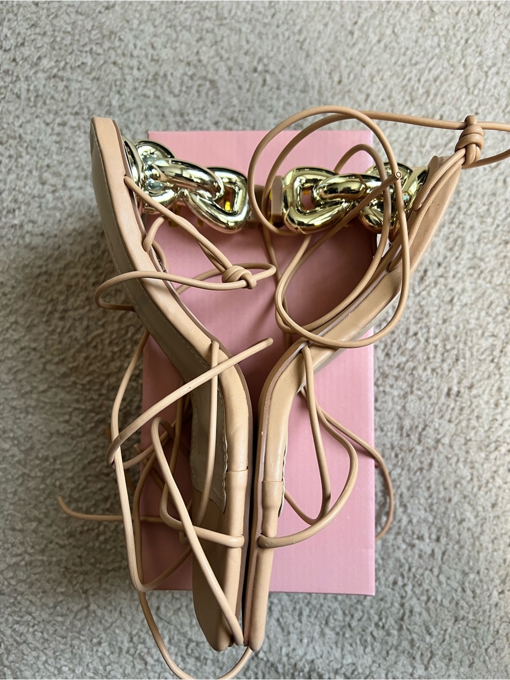 Miss Lola Beige Strappy Square-Toe Lace-Up Heels